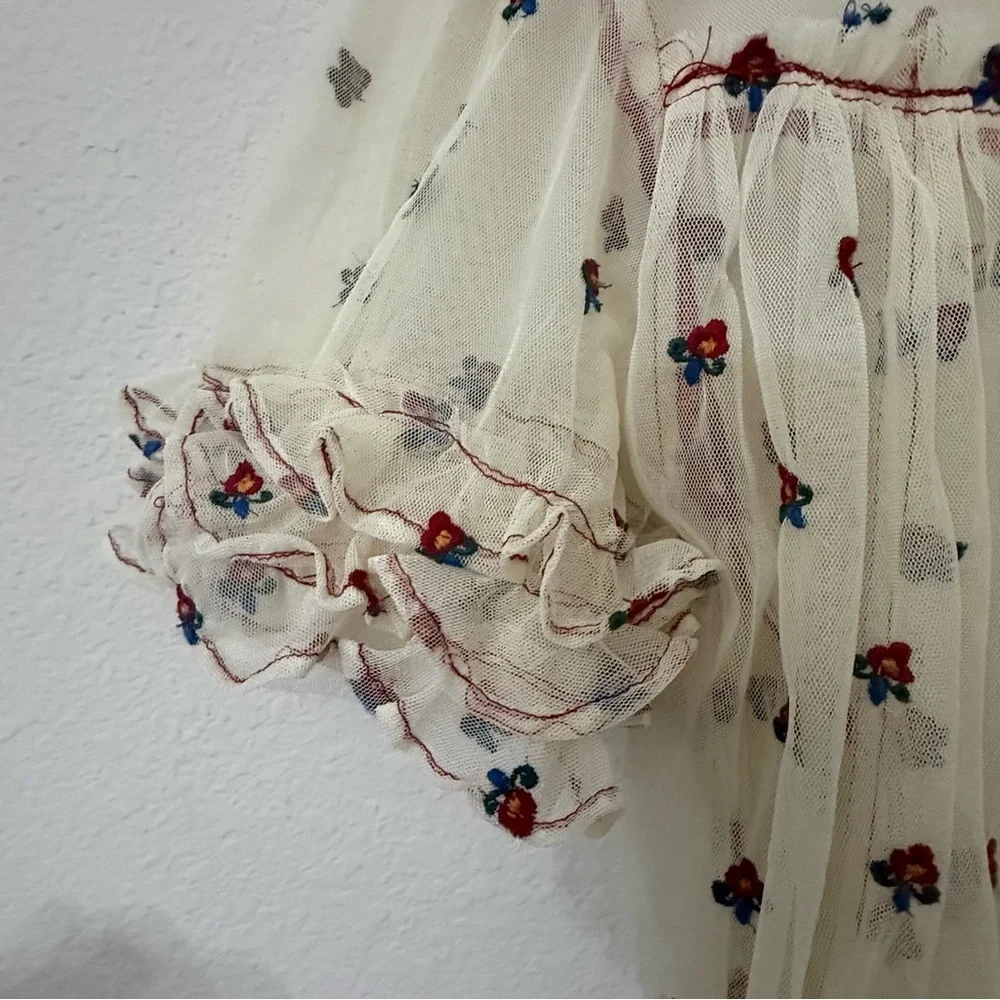 Free People Folklore Frock Dress XS Cream Sheer Embroidered Floral Boho Babydoll